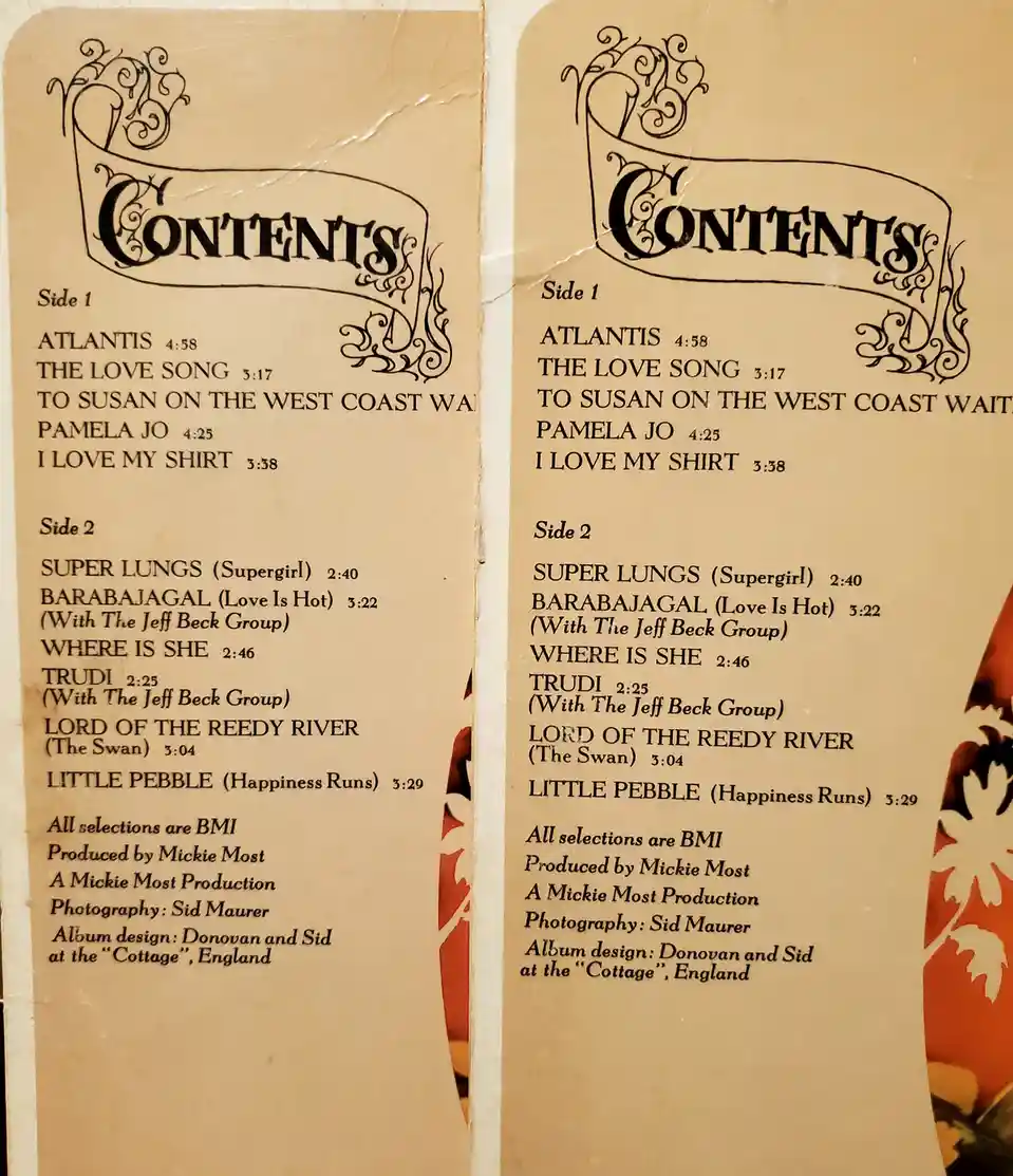 The image shows a vintage, beige album booklet with ornate black lettering. Both pages display identical track listings for…