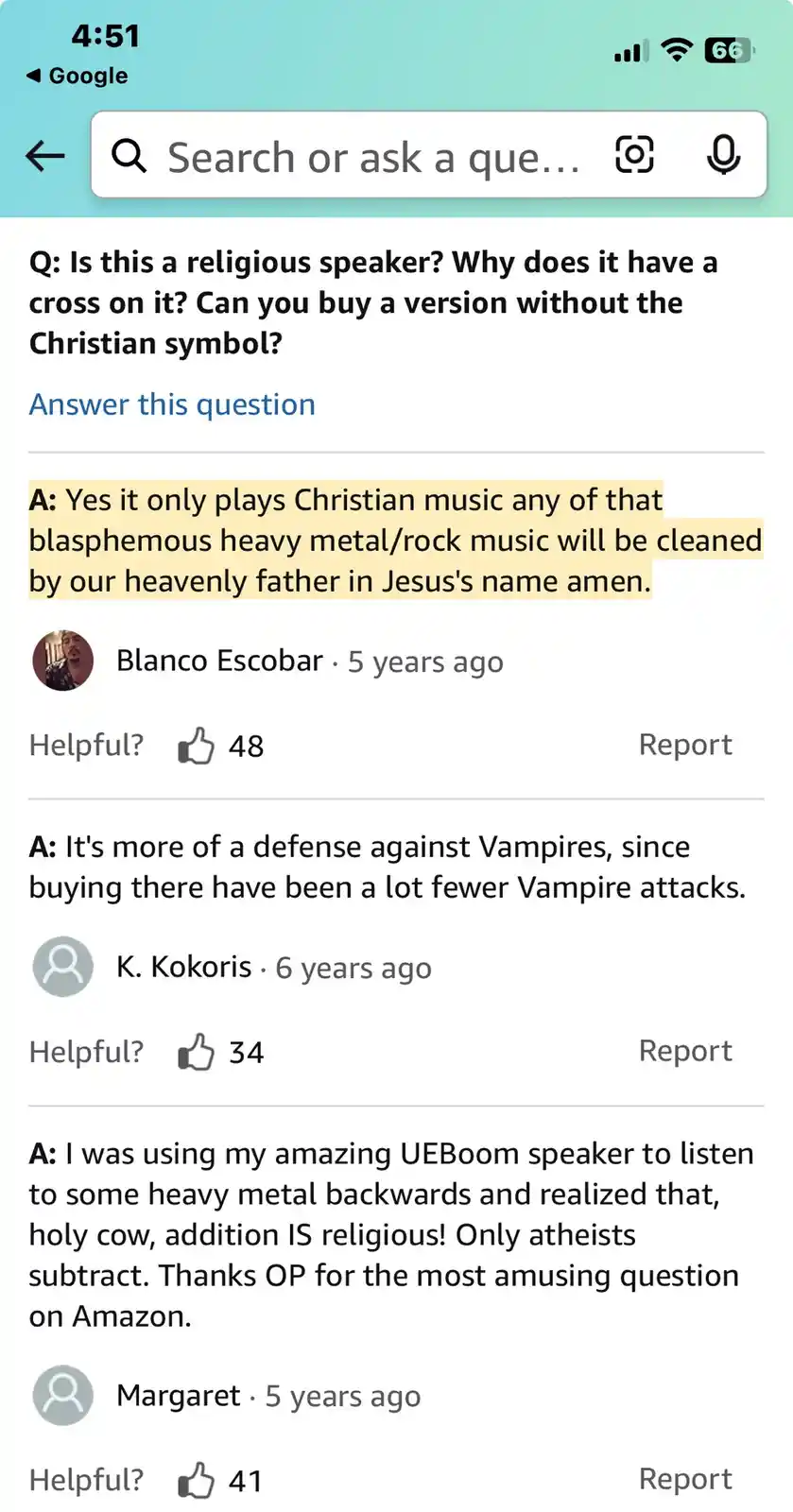 A screenshot of a Google Answers page where a user asks why a speaker has a cross and if a non-Christian version exists. The…