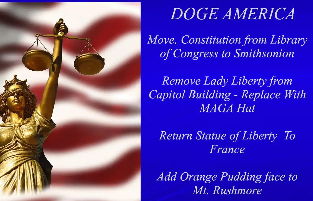 A golden statue of Lady Justice holding scales is shown against a blurred American flag background. The right side of the…