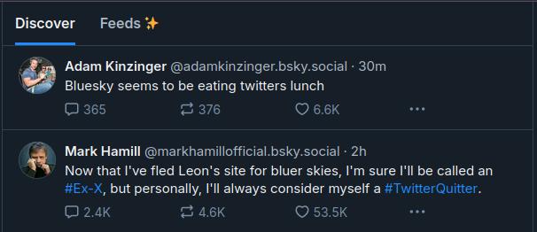 A screenshot of two Bluesky social media posts. The top post by Adam Kinzinger says 'Bluesky seems to be eating twitters…