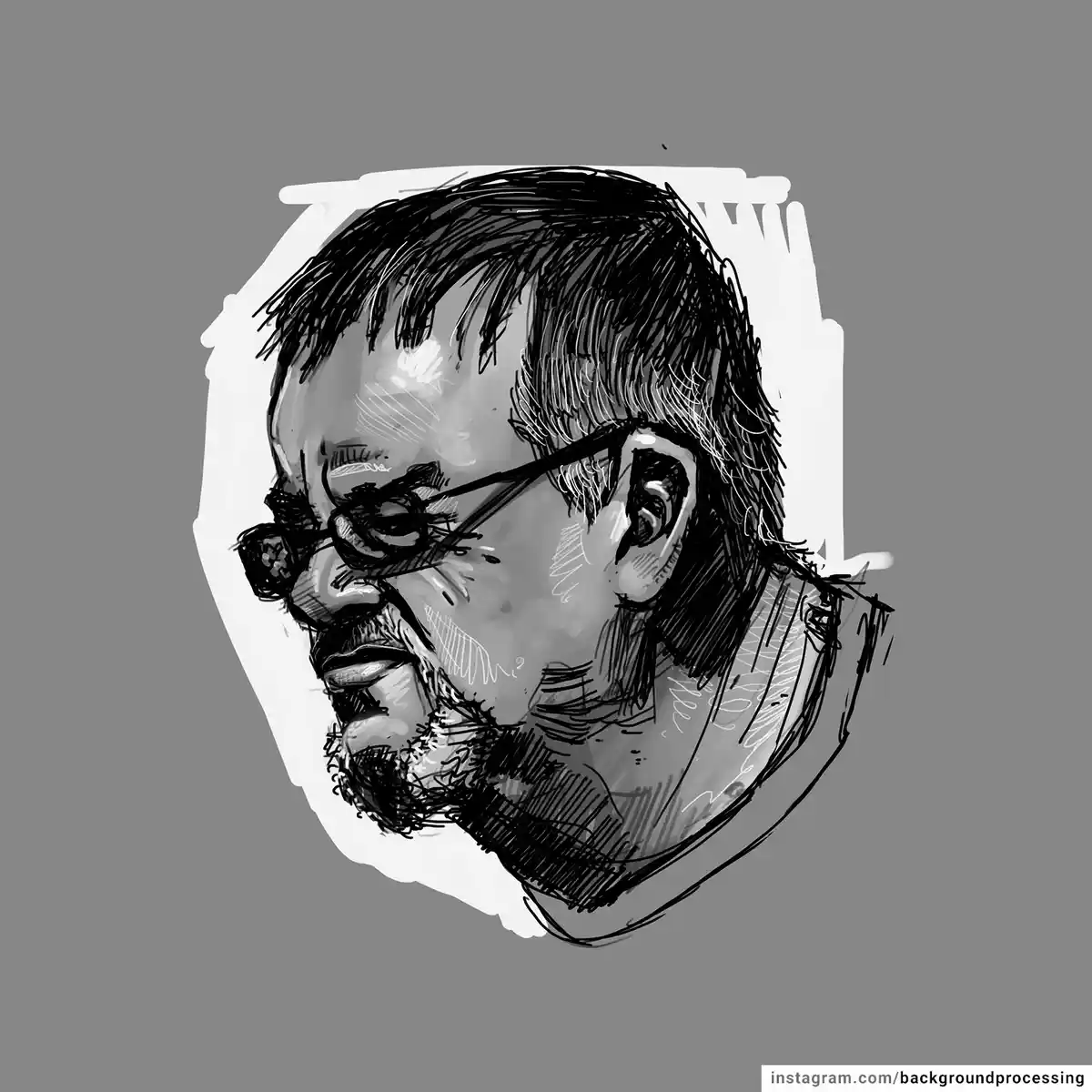 A black-and-white sketch-style portrait of a man with glasses, a beard, and short hair, shown in profile against a gray…