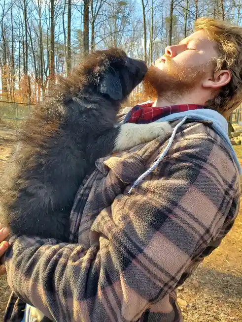 A man with a beard and plaid hoodie holds a large, fluffy black puppy outdoors in a wooded area. The puppy is nuzzling the…