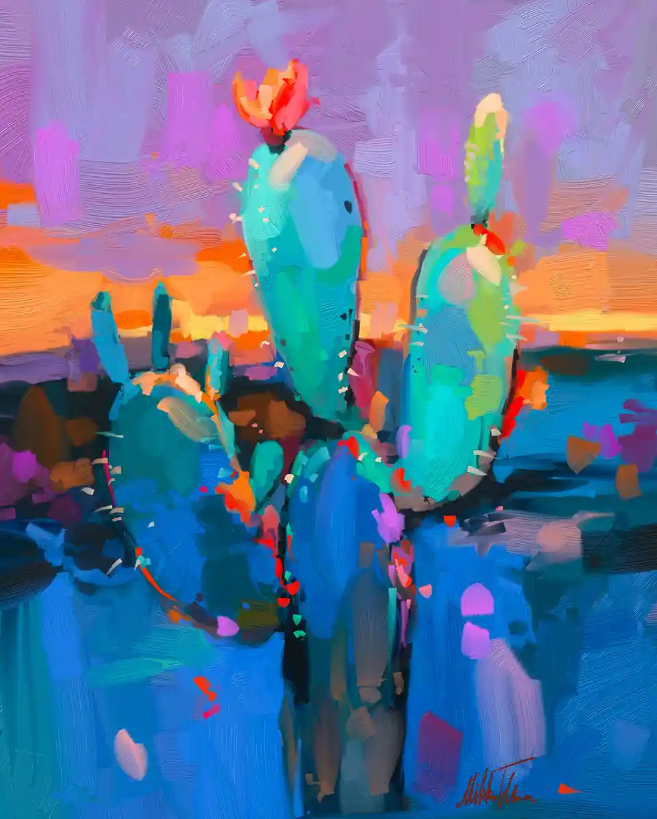 A vibrant, painterly digital artwork depicts several cacti in a desert landscape at sunset, rendered with thick, visible…