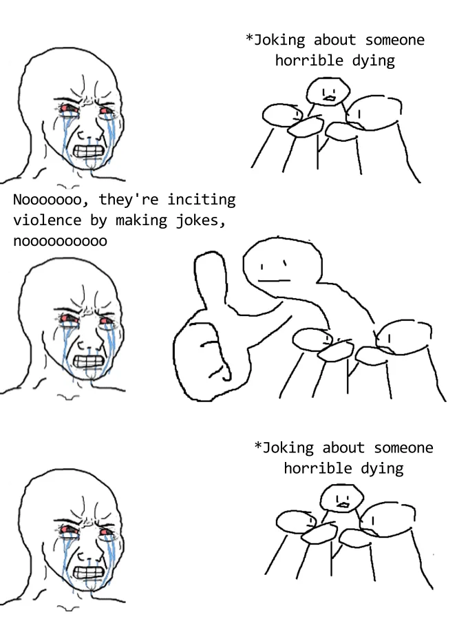 A comic strip with three panels showing a crying, red-eyed man on the left and stick figures on the right. The top and…
