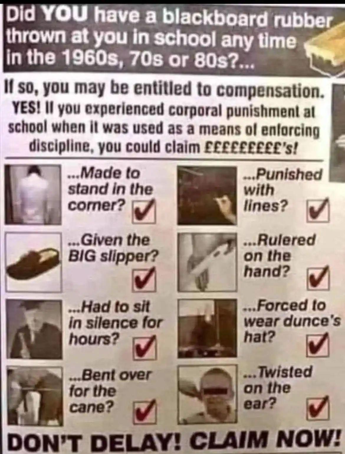 A vintage-style poster mimicking a legal claim form, asking if the viewer experienced corporal punishment in school during…