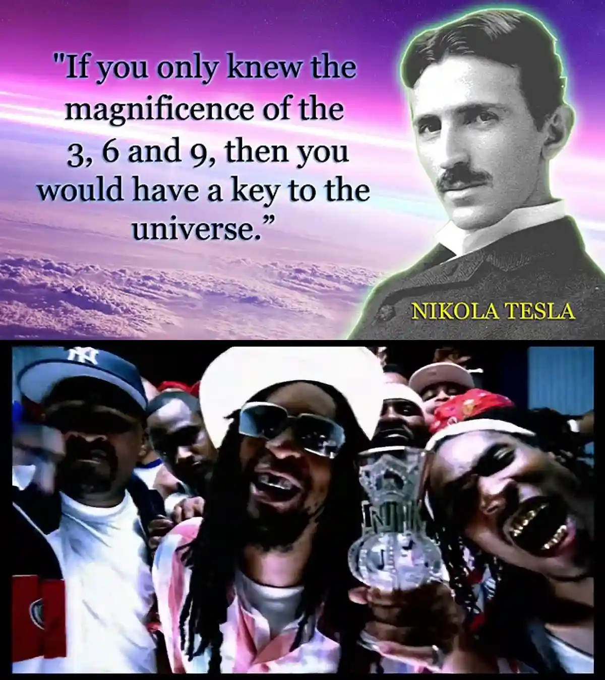 The image is split into two parts. The top half shows a black-and-white portrait of Nikola Tesla against a purple sky with…