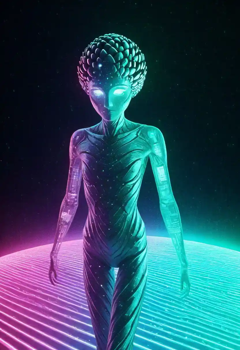 A glowing, futuristic humanoid figure with a textured, pinecone-like head and translucent, circuit-patterned skin stands on…