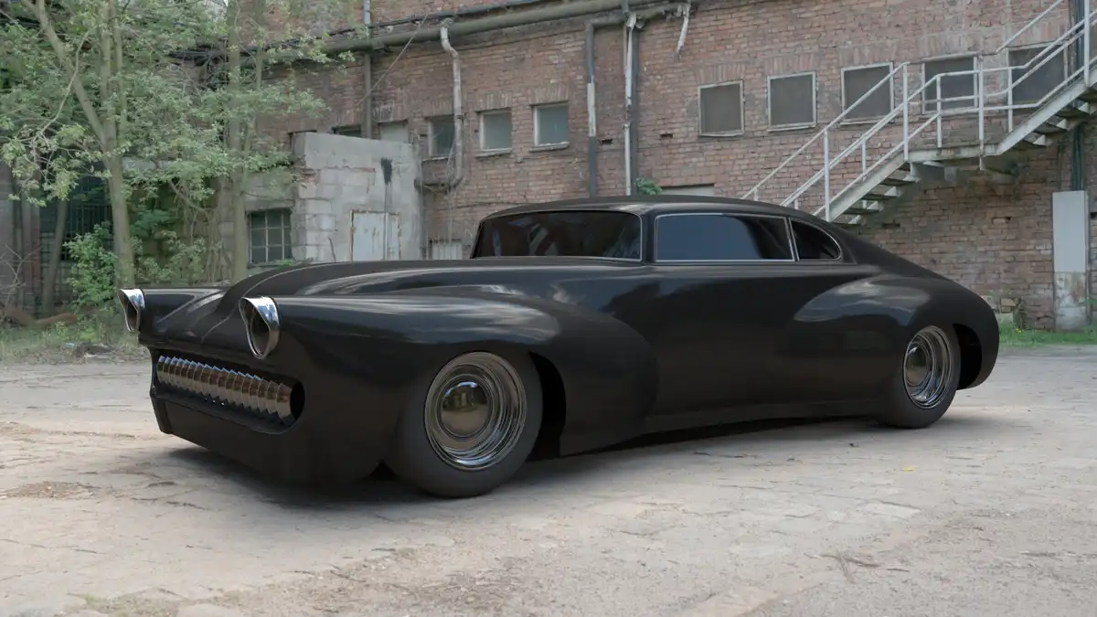 A sleek, black, custom lowrider-style car with chrome wheels and a distinctive grille is parked in front of a weathered…