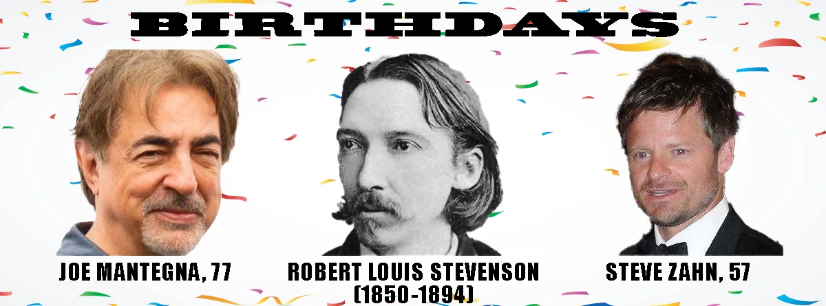 A celebratory image with confetti background and the word 'BIRTHDAYS' at the top, featuring three men: Joe Mantegna (77)…
