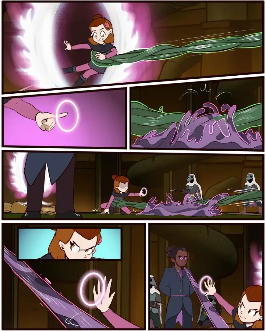 A comic strip shows a young girl in pink clothes using magic to control a large green rope-like creature. She initially…