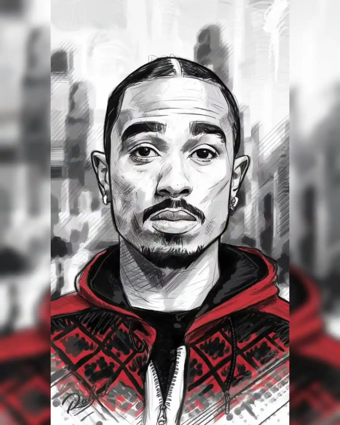 A stylized black-and-white sketch of a man with a serious expression, wearing a red and black patterned hoodie, with faint…