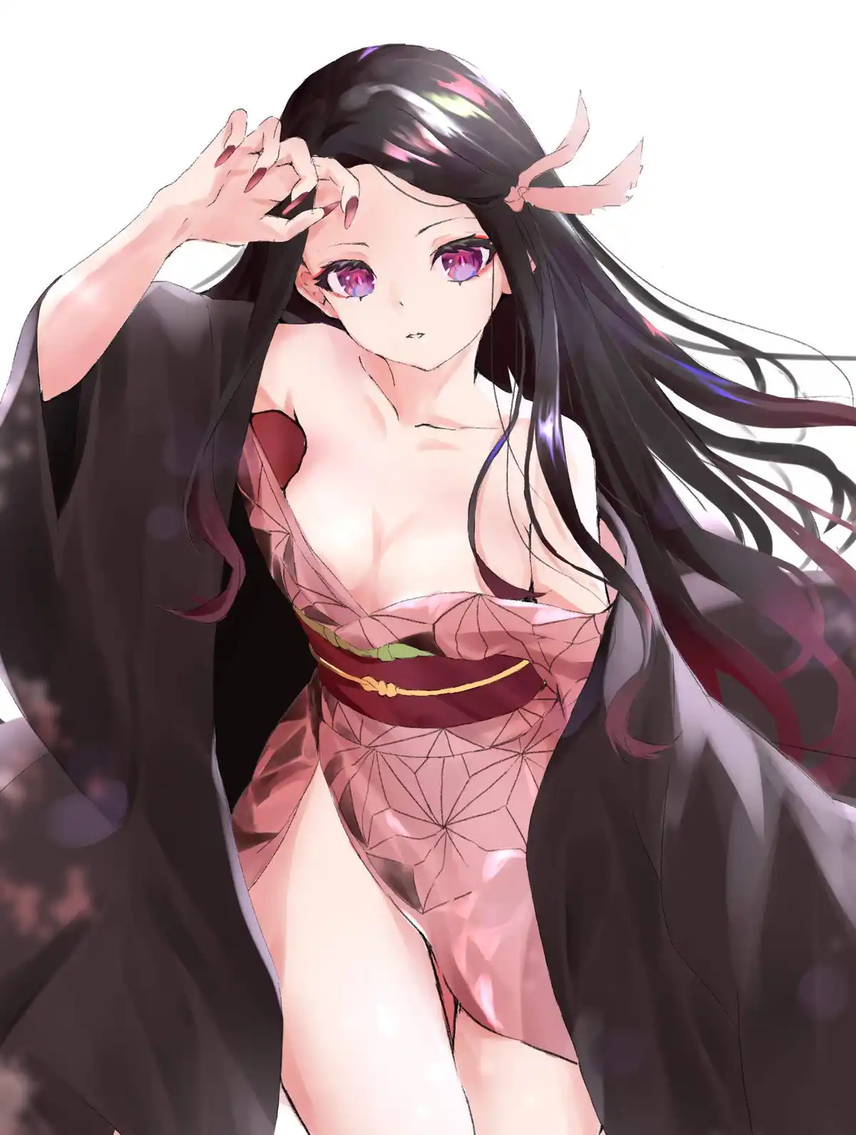 An anime-style illustration of a woman with long black hair, purple eyes, and a pink patterned kimono under a black robe…