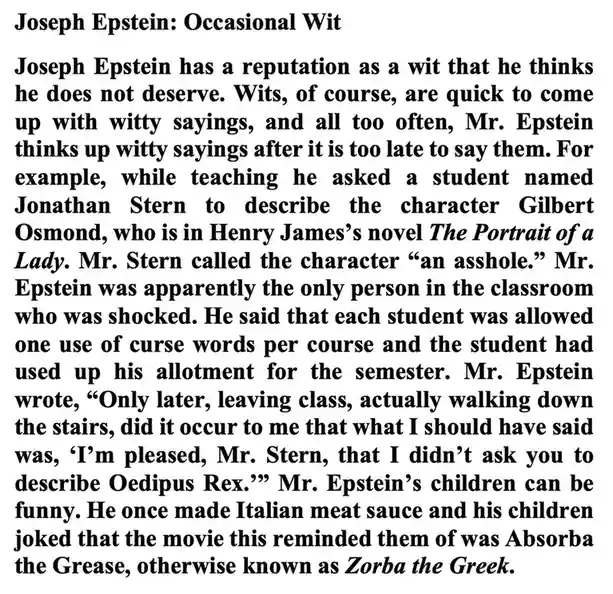 The image displays a block of black text on a white background, detailing anecdotes about Joseph Epstein's wit. The text…
