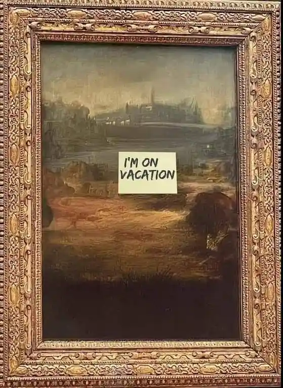 A classical landscape painting in an ornate gold frame has a white sticky note slapped over the center with the text 'I'M ON…