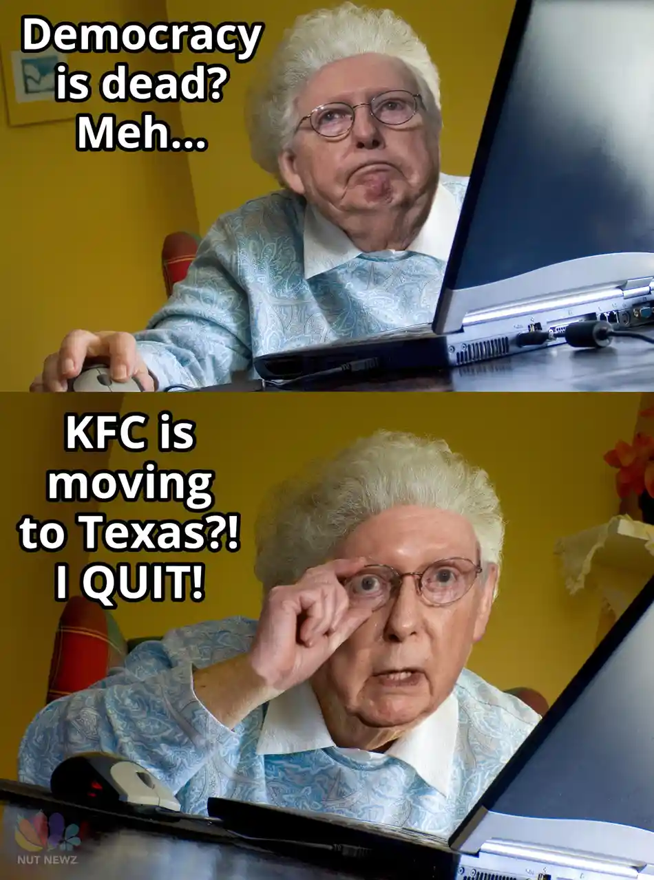 A two-panel meme featuring an elderly woman with white hair and glasses using a laptop. In the top panel, she has a bored…