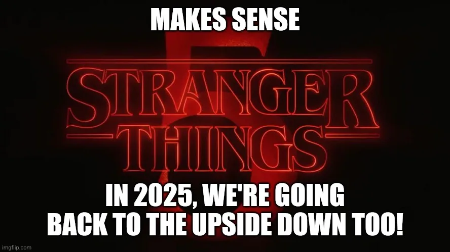 The image displays the iconic red neon-style 'Stranger Things' logo against a black background. Overlaid white text reads…