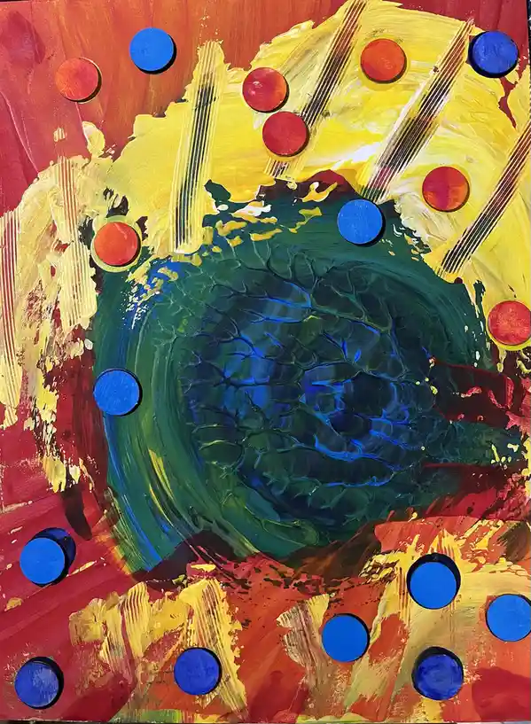 An abstract painting features a central swirling green and blue mass resembling a brain or vortex, surrounded by thick…
