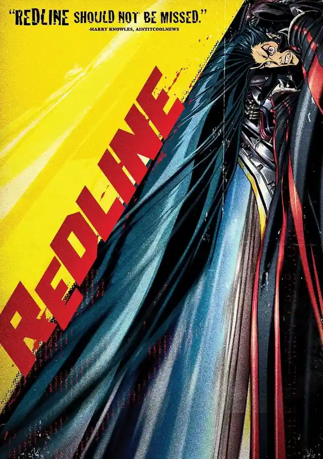 A movie poster for 'Redline' features a stylized anime character with long dark hair and a flowing blue and red cape against…