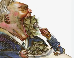 a cartoon illustration shows a large, elderly man with a greedy expression eating a massive pile of money with a fork. A…