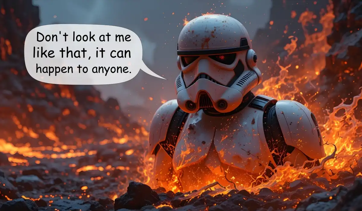 A stormtrooper from Star Wars is partially submerged in lava, with molten rock splashing around its armor. A speech bubble…