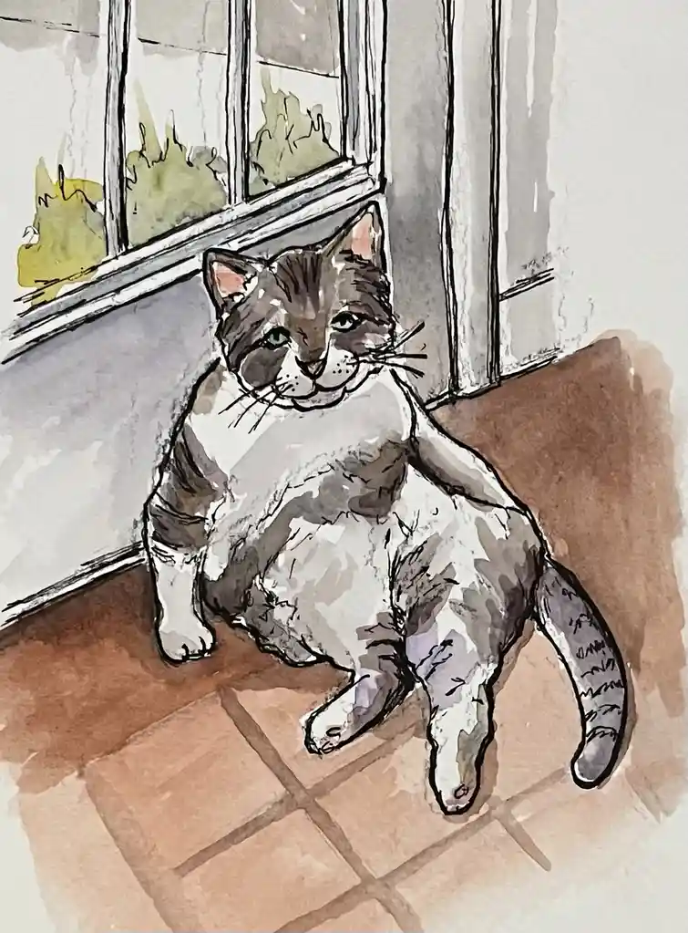 A watercolor illustration of a plump, gray-and-white cat sitting on a tiled floor near a window, looking up with a slightly…
