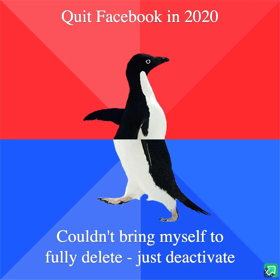 A penguin walks across a red and blue background, with text at the top reading 'Quit Facebook in 2020' and text at the…