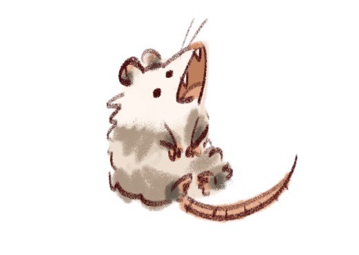 A cartoon drawing of a small, fluffy, brown-and-white rodent, possibly a mouse or rat, sitting upright with its mouth wide…