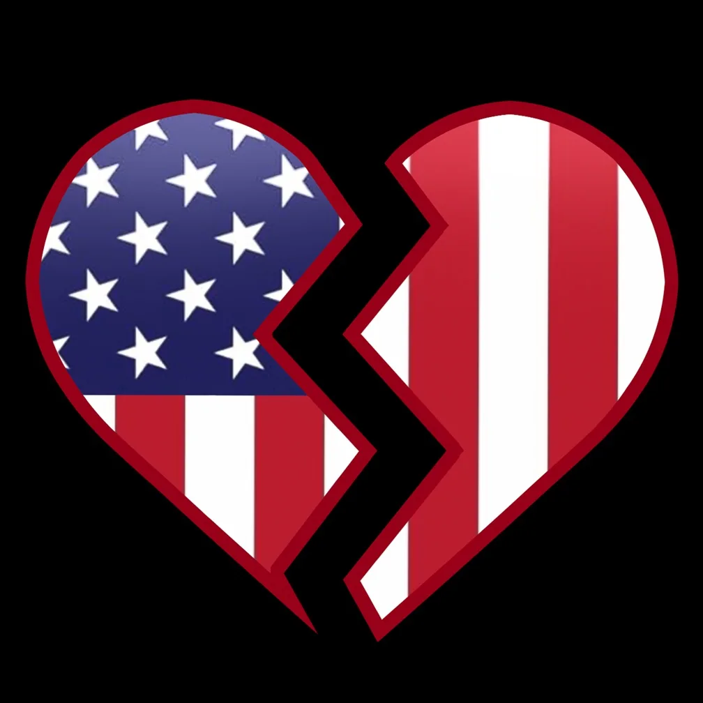 A broken heart graphic, split into two halves, each half displaying a portion of the American flag pattern — stars on the…