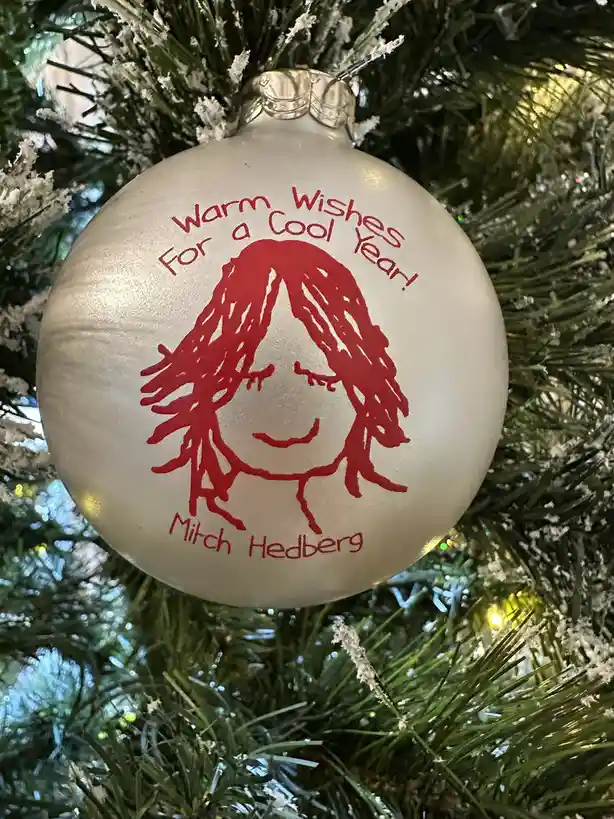 A close-up of a silver Christmas ornament hanging on a green, snow-dusted tree. The ornament features a red, hand-drawn…