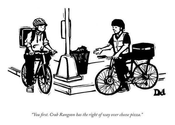 A black-and-white cartoon depicts two delivery riders on bicycles stopped at a street corner. The rider on the left, wearing…