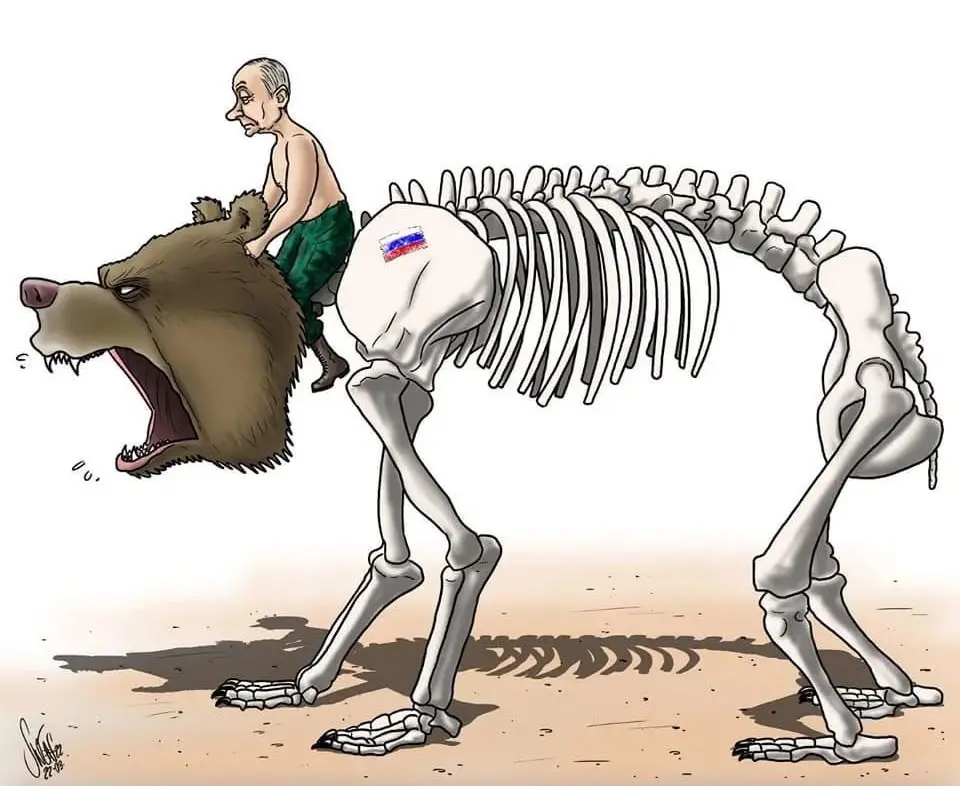 A cartoon depicts a caricature of Vladimir Putin riding a brown bear whose body is a skeletal frame with a Russian flag…