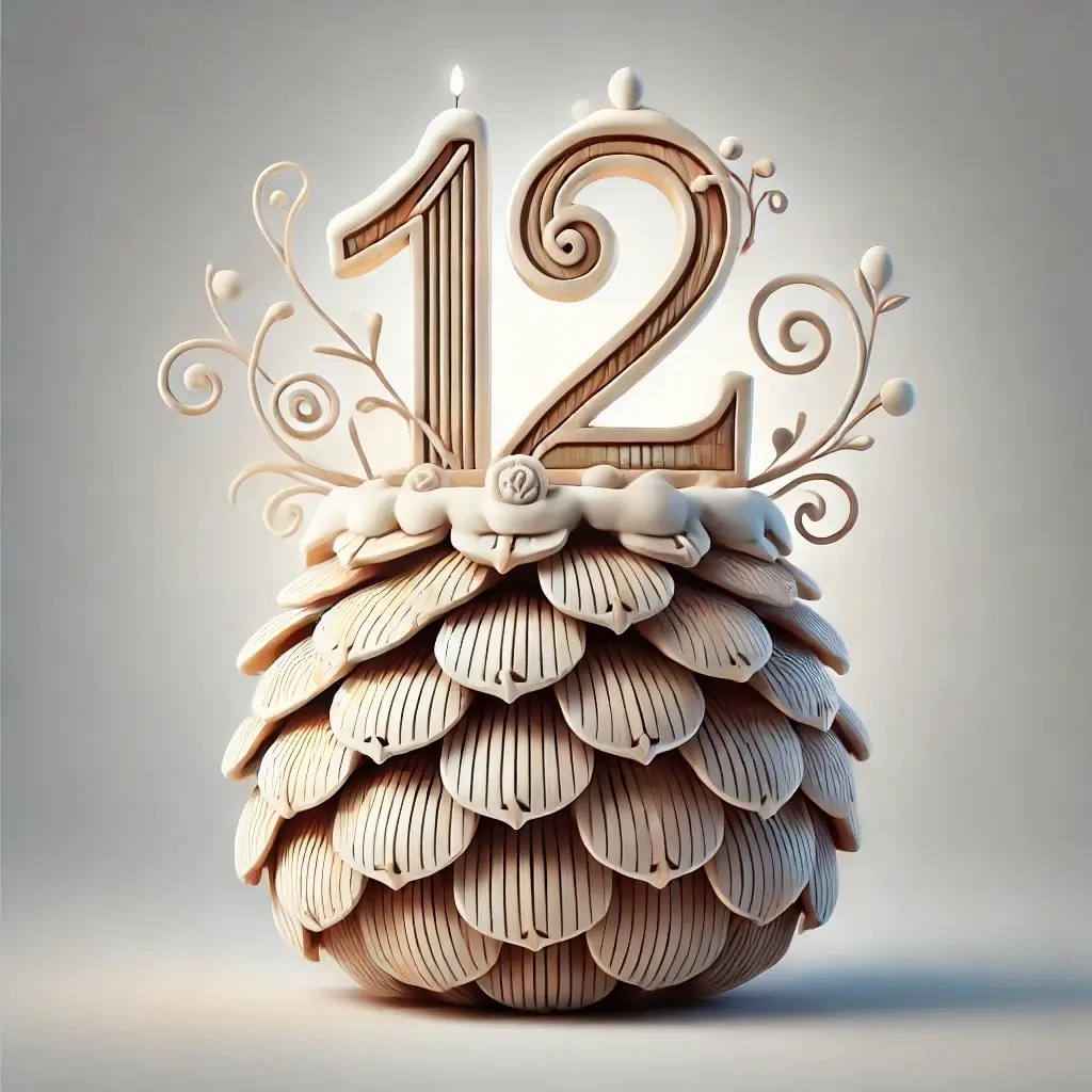 A highly detailed, ornate wooden candle shaped like the number 12, featuring intricate scrollwork and a pinecone-like base…