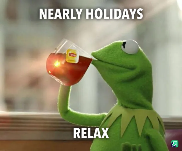 A green frog puppet, Kermit the Frog, is shown sipping tea from a glass with a Lipton tea bag visible, looking calm and…