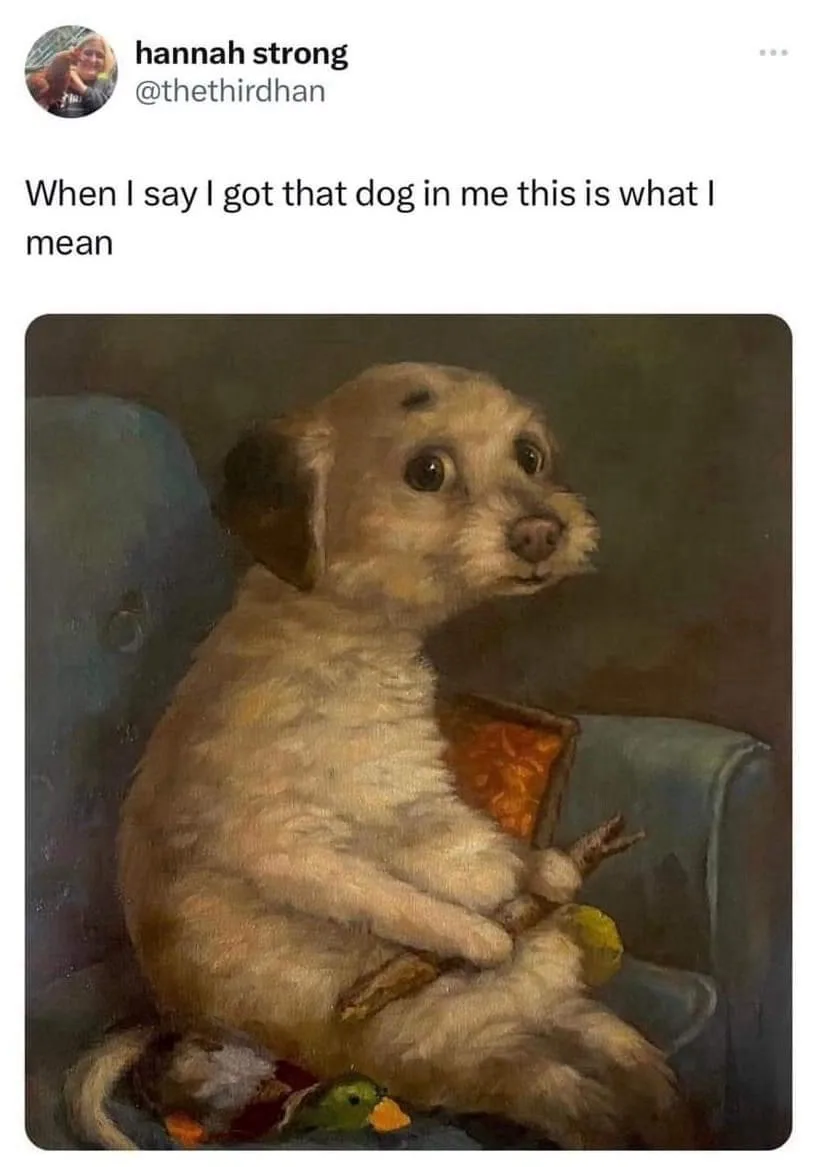 A painting of a light-colored dog sitting upright on a blue armchair, holding a slice of pizza in its paws. The dog has a…