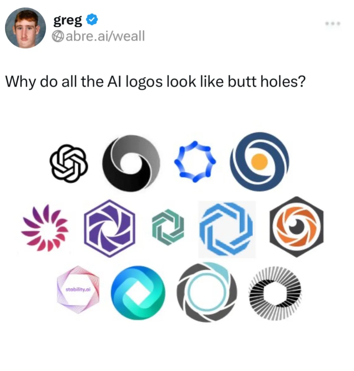A screenshot of a social media post by 'greg' showing a grid of 12 different AI company logos, including OpenAI, Anthropic…