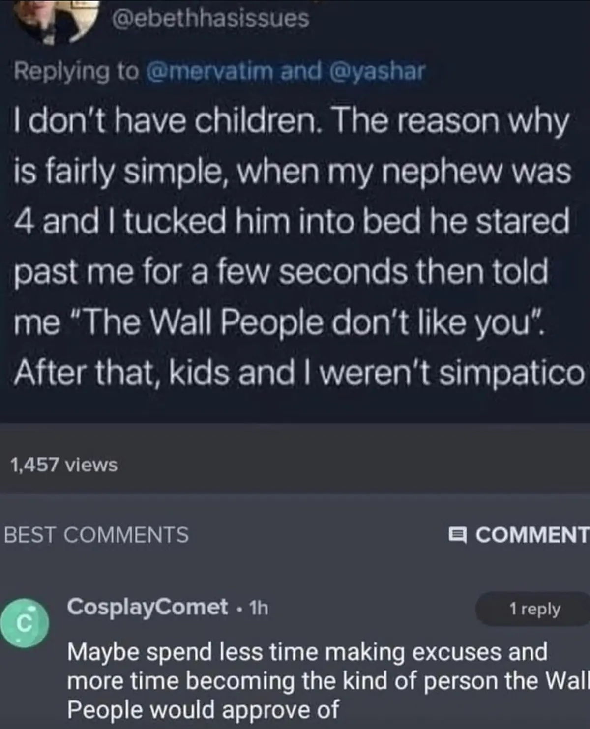 A screenshot of a Twitter reply showing a user explaining they don't have children because their 4-year-old nephew told them…