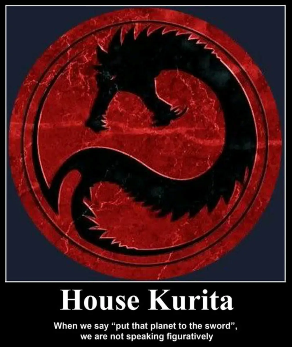 The image displays the red and black circular House Kurita sigil from the BattleTech universe, featuring a stylized dragon…