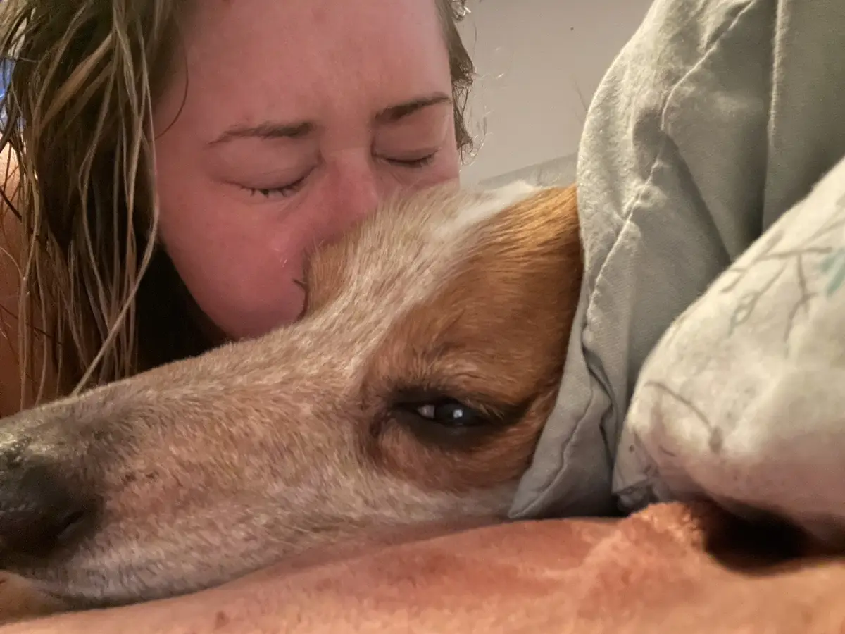 A person with wet hair is hugging a brown and white dog, both appearing emotional, with the person's eyes closed tightly and…