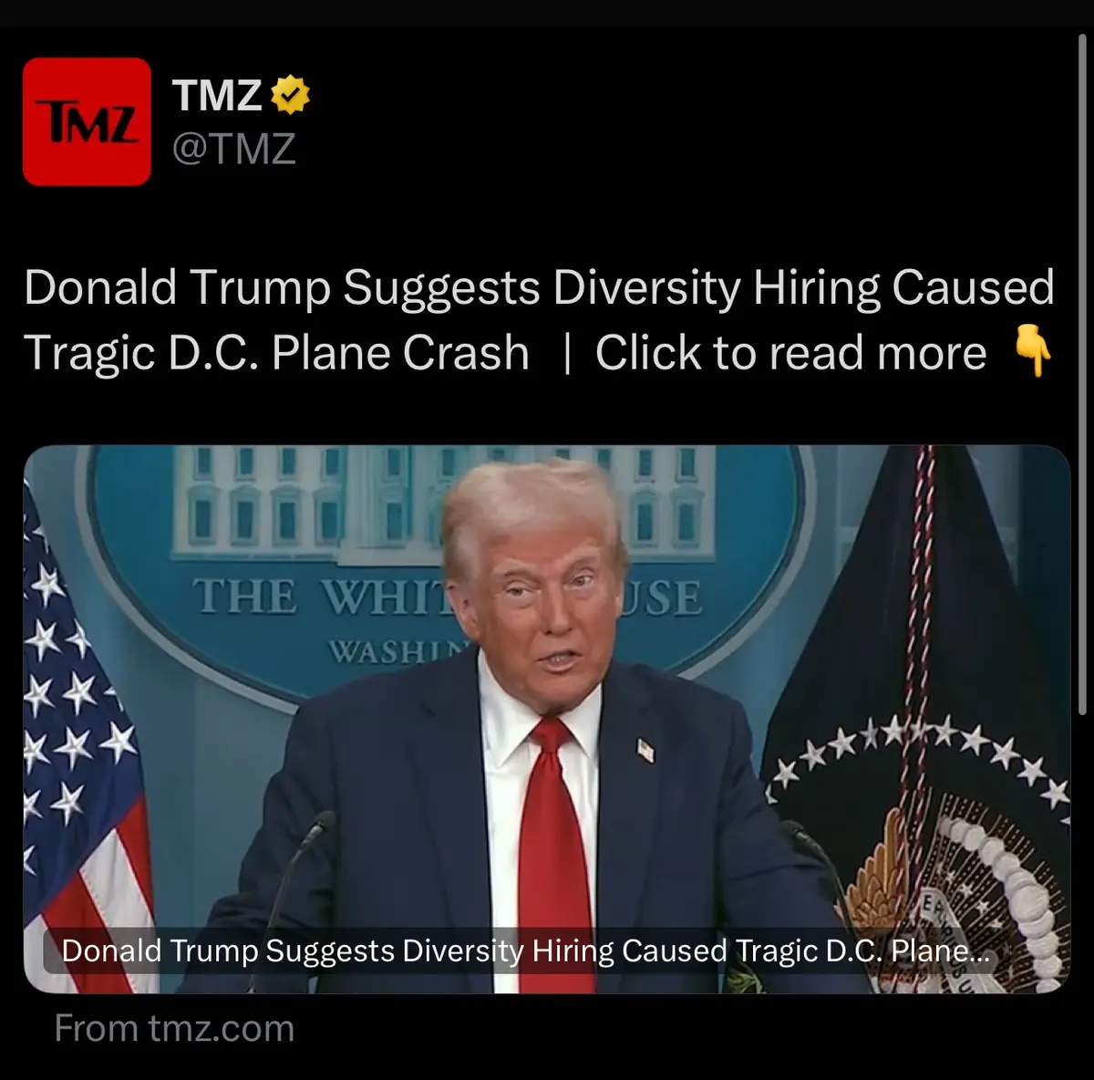 A screenshot of a TMZ Twitter post featuring a photo of Donald Trump speaking at a White House press conference, flanked by…
