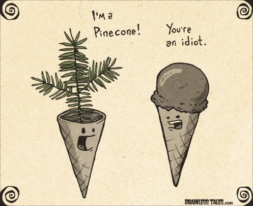 A hand-drawn illustration shows two anthropomorphic ice cream cones. The cone on the left, with a pine tree sprouting from…