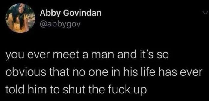A screenshot of a tweet by Abby Govindan (@abbygov) with a black background and white text. The text reads: 'you ever meet a…