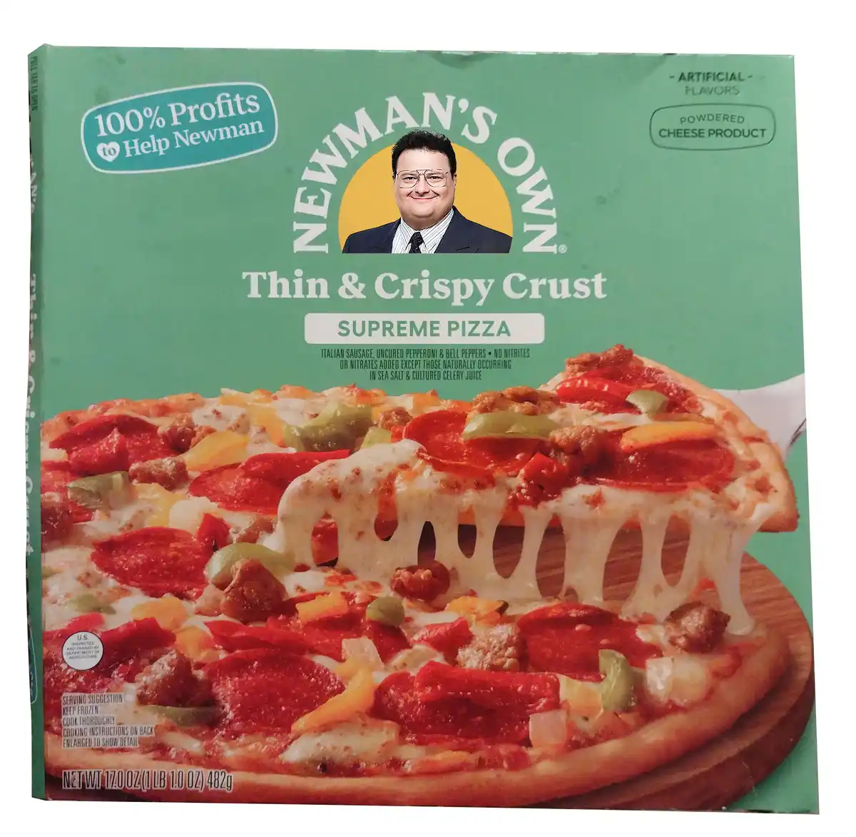 A box of Newman's Own Thin & Crispy Crust Supreme Pizza, featuring a photo of the brand's founder, Newman, smiling in a…