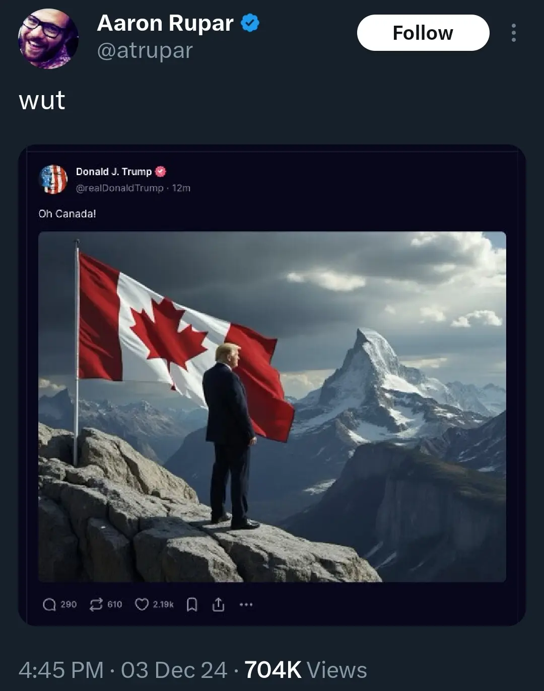 A screenshot of a tweet from Donald J. Trump's account shows a digitally altered image of Donald Trump standing on a rocky…