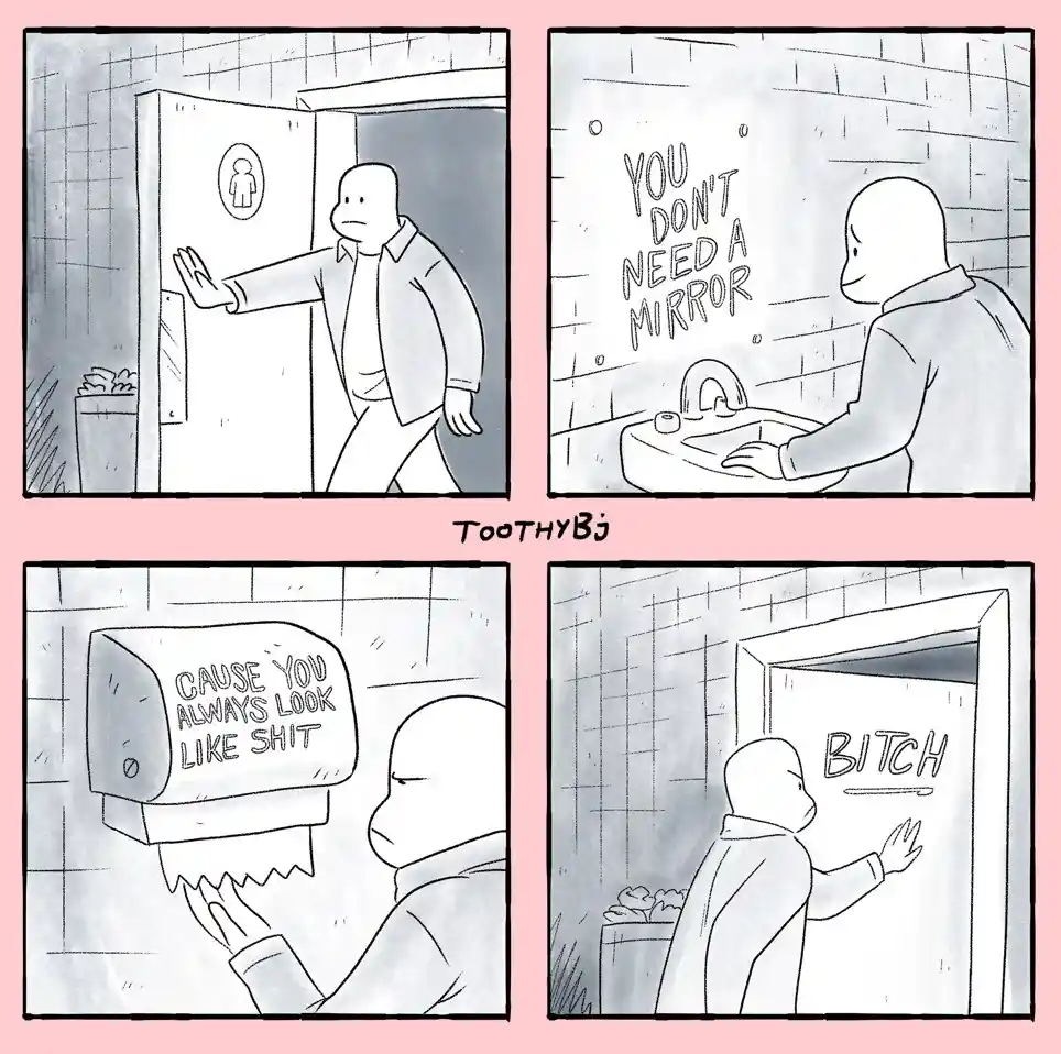 A four-panel comic shows a man entering a bathroom, washing his hands, then using a paper towel dispenser that says 'CAUSE…