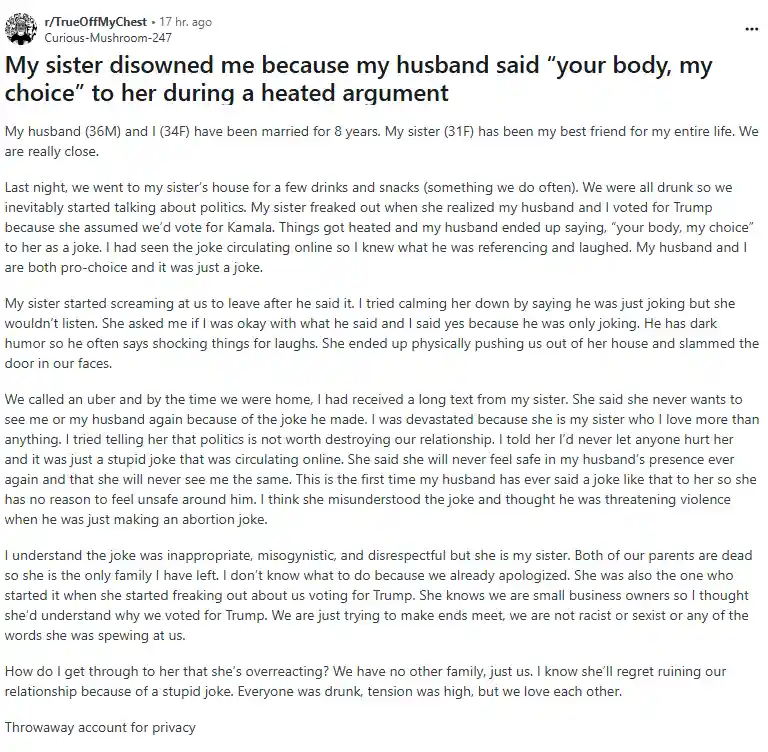 A screenshot of a reddit post from r/TrueOffMyChest where a user recounts how their husband jokingly said 'your body, my…