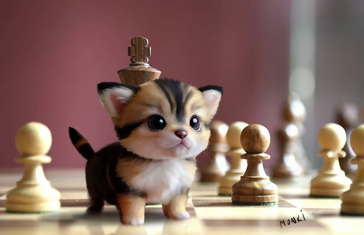 A tiny, fluffy tabby kitten with large, innocent eyes stands on a chessboard, with a wooden chess king piece balanced…