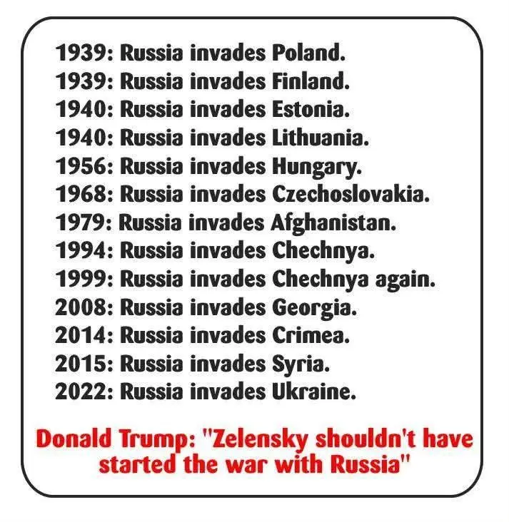 A white rectangular image with a black border lists historical dates and Russian invasions from 1939 to 2022, including…