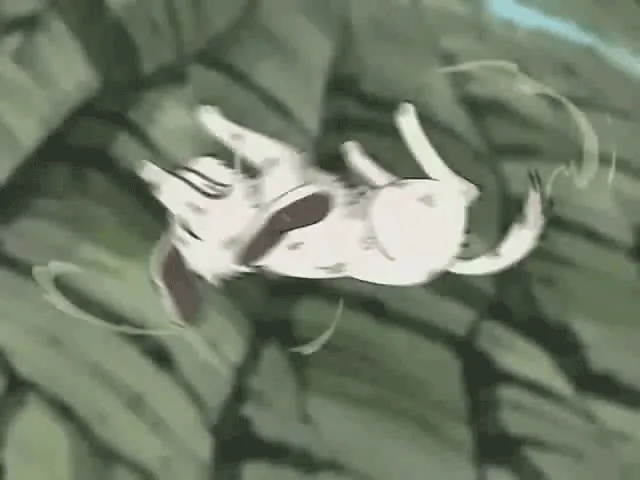A six-panel anime sequence shows a white dog with brown ears and tail performing an exaggerated, spinning, airborne flip…