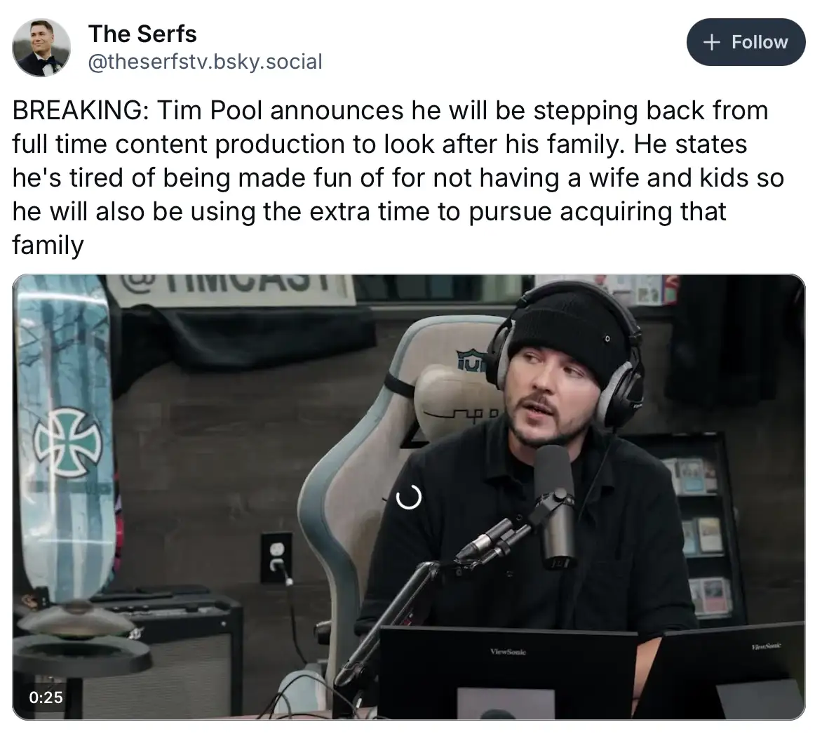 A screenshot of a tweet from 'The Serfs' featuring a video clip of Tim Pool sitting in a gaming chair with headphones and a…