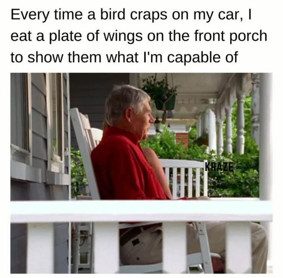 An older man in a red shirt sits on a white porch chair, looking off to the side with a calm expression. The text overlaid…